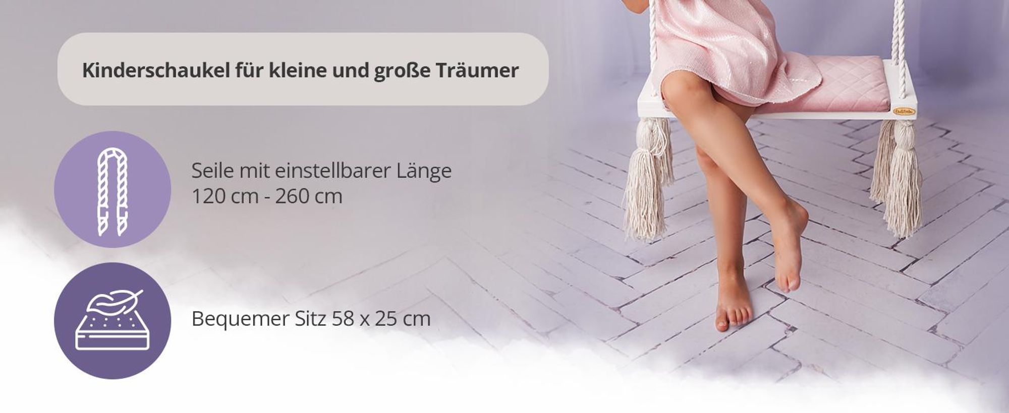 Create for you® - Kinderschaukel Indoor, Große Kinderschaukel aus Holz, Rosa