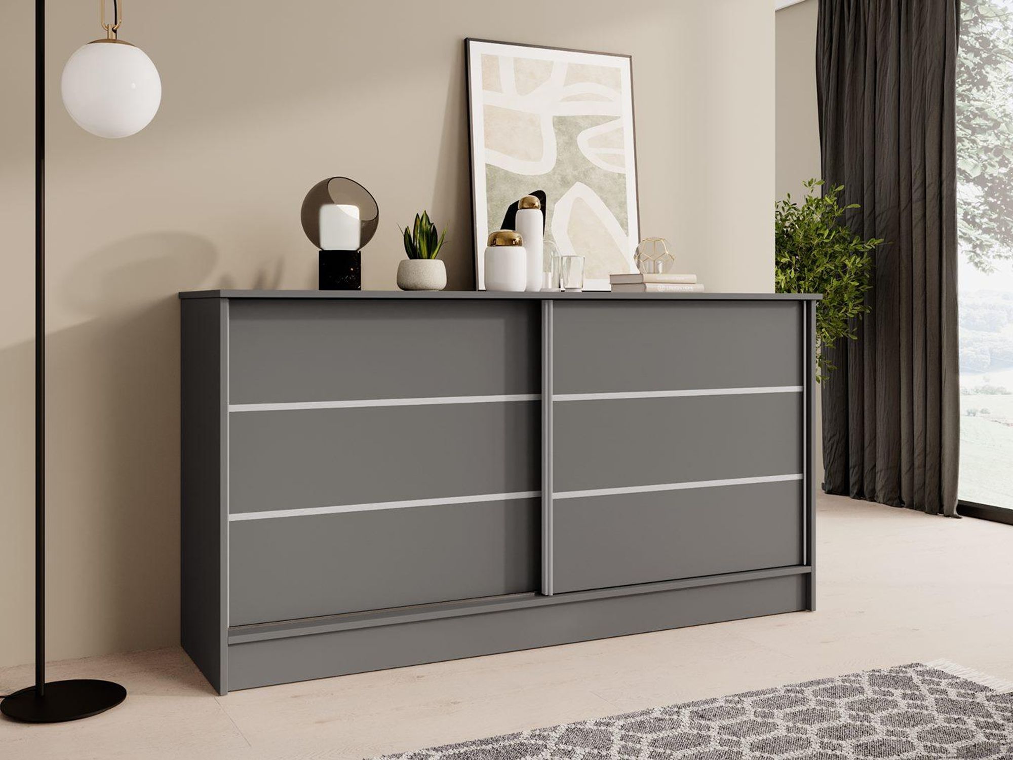 BEAUTYSOFA Kommode MIRELA 160 cm Graphit, Sideboard mit 2 Schiebetüren, Highboard  mit dekorativen Zierleisten, Moderne Anrichte, Viel Stauraum