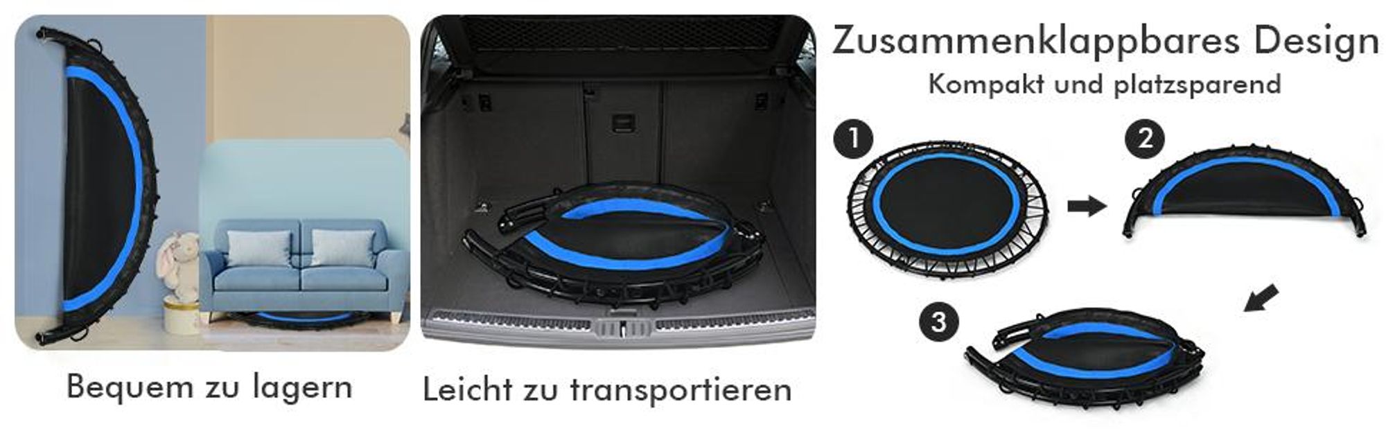 COSTWAY φ101cm Fitmess Trampolin, Mini Trampolin mit höhenverstellbarm Haltegriff & 2 Widerstandsbändern, Kindertrampolin, Gartentrampolin, Blau