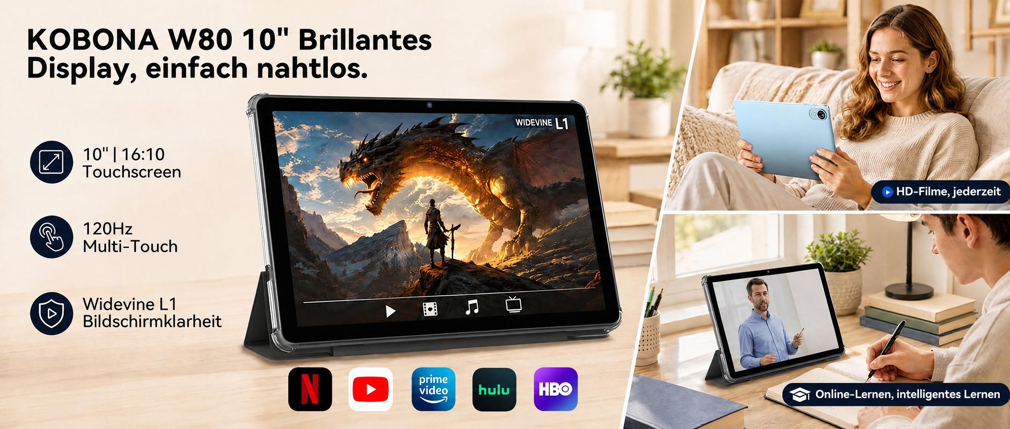 2026 W80 10" 120Hz Tablet, 32+128GB/2TB, Android16, Gemini AI4.0, Widevine L1, 5GWiFi, 6000mAh, OTG, mit Tastatur Maus Stift Schutzhülle Set