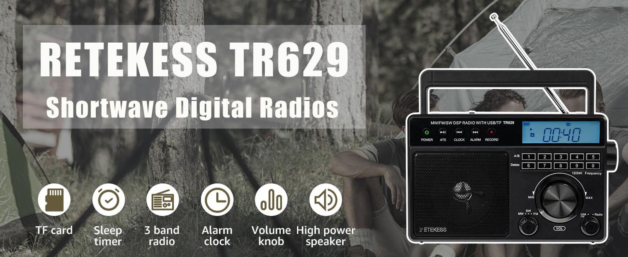 Retekess TR629 Přenosné rádio, nouzové rádio AM FM SW World Receiver s DSP, podporuje U disk/SD kartu, hodiny, budík, rádio na baterie, dárky pro seniory