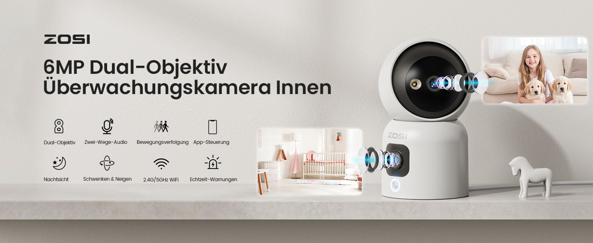 ZOSI Überwachungskamera Innen mit Dual-Linse 3MP+3MP, 2,4/5GHz WLAN, Personenerkennung und Verfolgung, Taste/OK-Geste-Anruf, Farbnachtsicht, C528D
