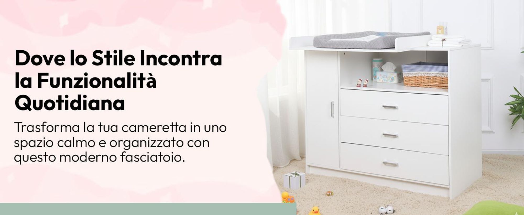 Cassettiera a fasciatoio, in legno, con piano a fasciatoio, 3 cassetti, 1 porta, altezza 100 cm, colore bianco, dimensioni 113 x 100 cm