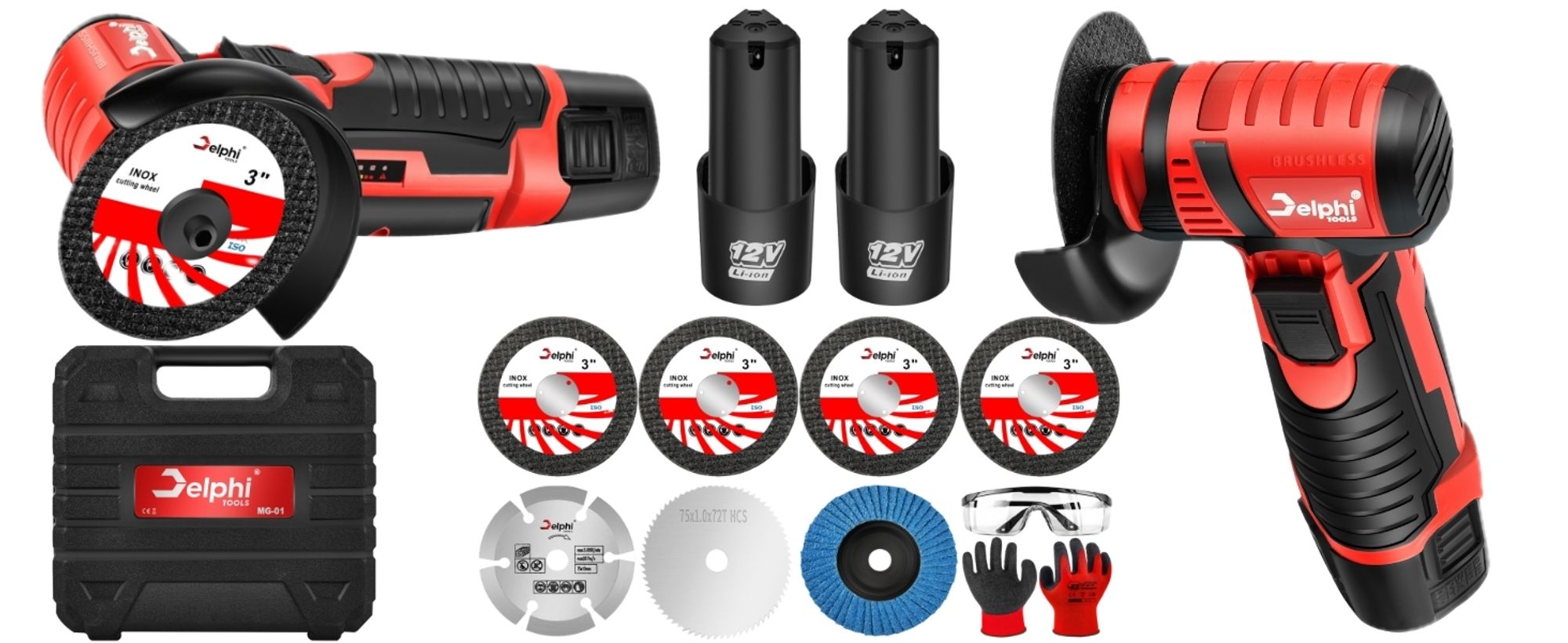 DELPHI Mini Akku-Winkelschleifer 75mm 12V 2 Akkus Bürstenloser Motor 7x Trennscheiben mit Transportkoffe