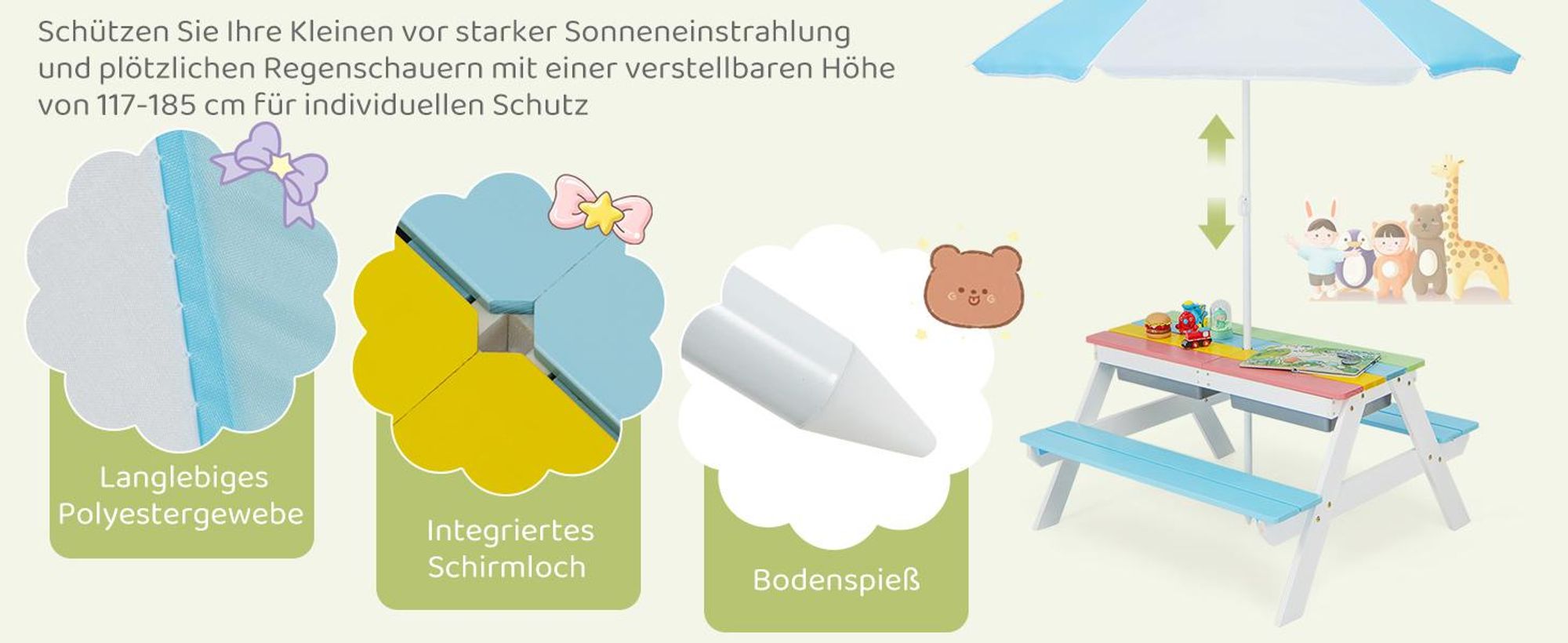 COSTWAY 3 in 1 Kinder Picknicktisch, Gartentisch mit Sonnenschirm & Bänke, Kindersitzgruppe aus Holz mit Tischplatte & 2 Spielboxen, Weiß+Blau