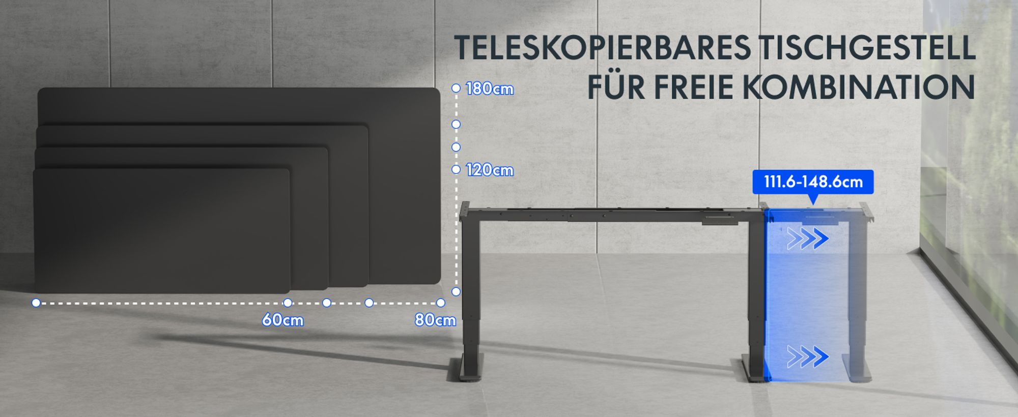 FLEXISPOT EC5-Lite Elektrisch Höhenverstellbares Tischgestell,Doppelmotor, 3-stufige Beine, 100kg Tragkraft,4 Speicherplätze, Kollisionsschutz,Schwarz
