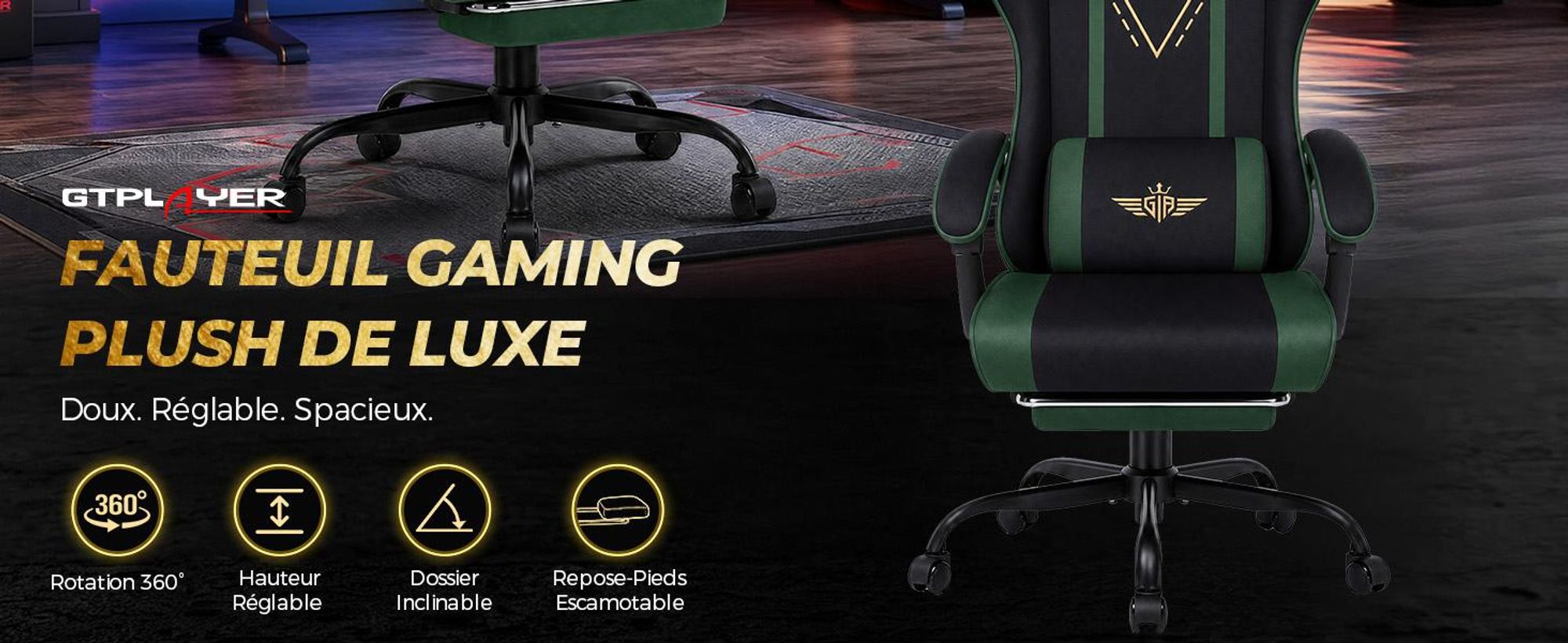 Chaise de gaming GTPLAYER, ergonomique, avec revêtement en tissu, coussin de siège à ressort, accoudoirs réglables et repose-pieds, capacité de poids de 150 kg, couleur : gris