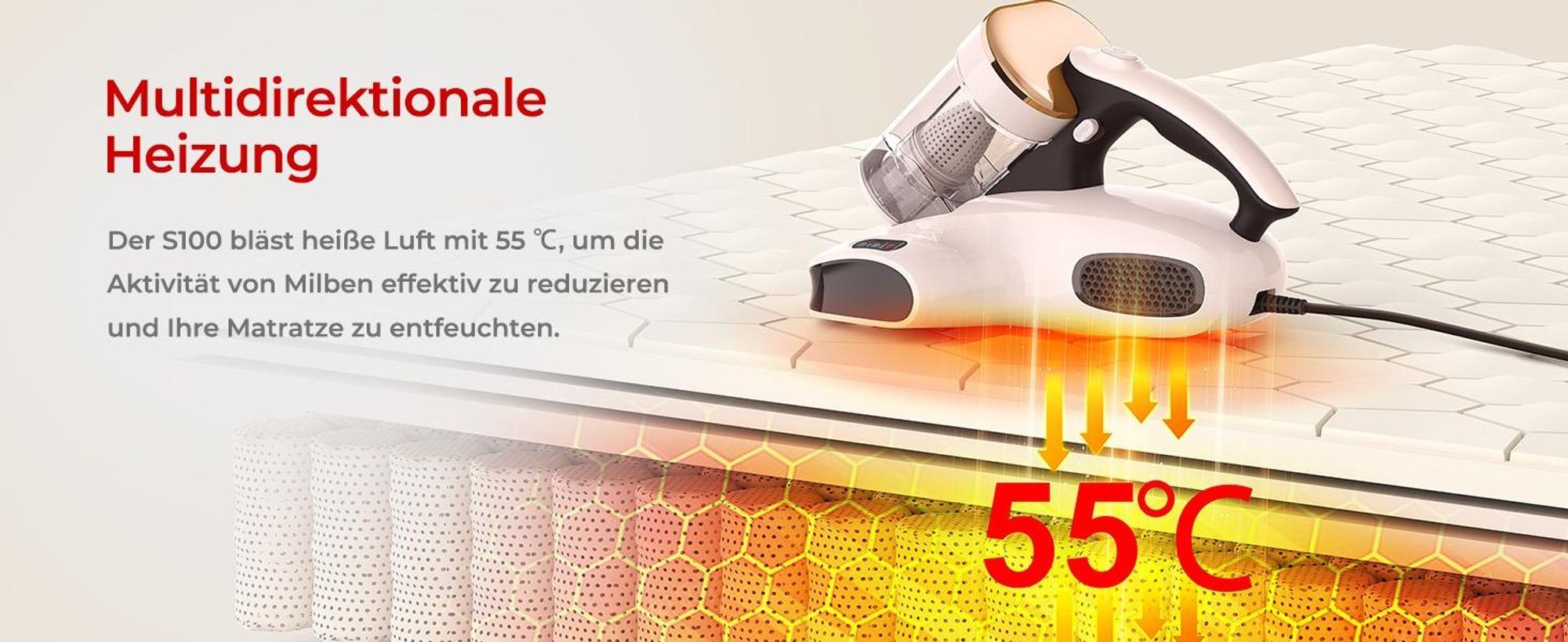 JIGOO S100 Matratzenstaubsauger: 350W, 12kPa, 80k/min Klopfen, UV-C 253.7nm, 55°C Heißluft, 99,9% Milbenentfernung