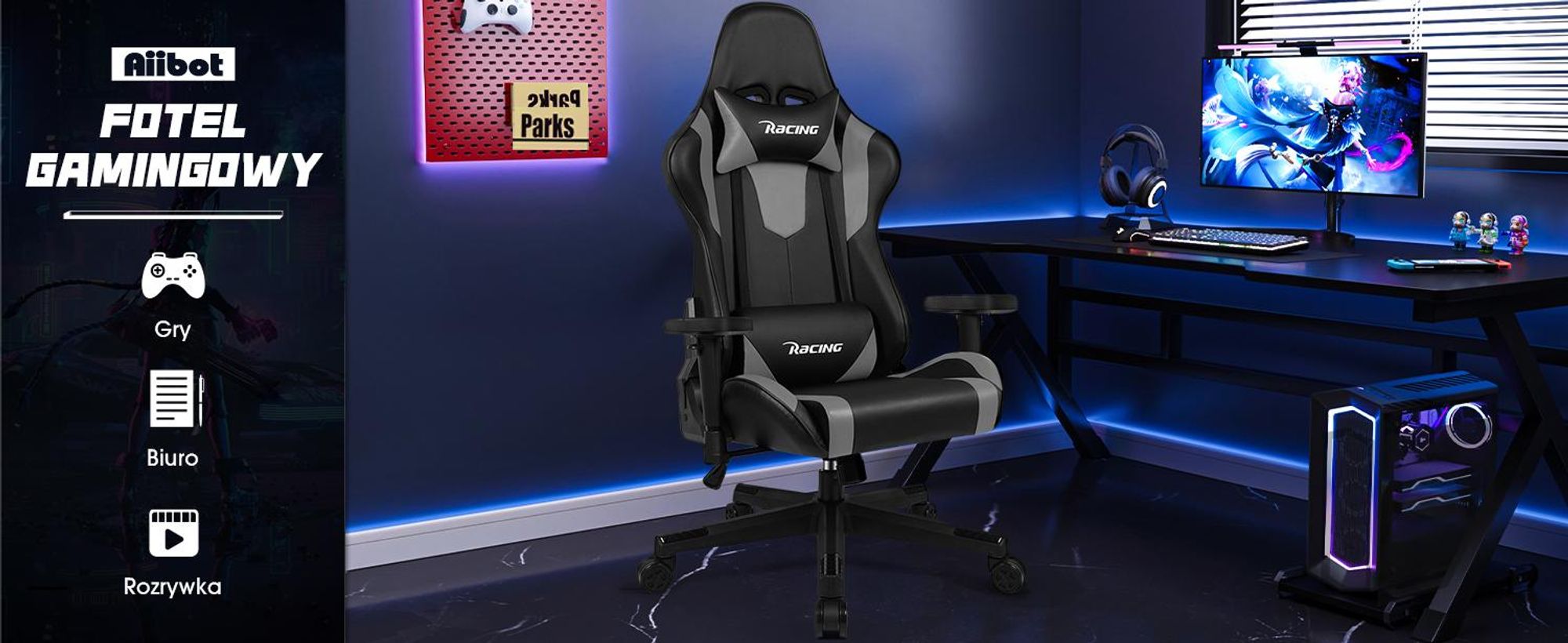 Aiibot fotel gamingowy fotel biurowy ergonomiczny fotel biurowy fotel biurowy 150 kg fotel obrotowy z podparciem lędźwi, fotel gamingowy 90°-165° i funkcją bujania