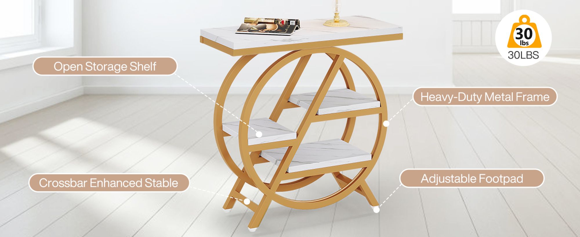Tribesigns 3-Tier Beistelltisch Schmal, 65 x 30 cm Sofatisch aus Kunstmarmor mit Stauraum, Industrielle Kleiner Beistelltisch, Gold & Weiß
