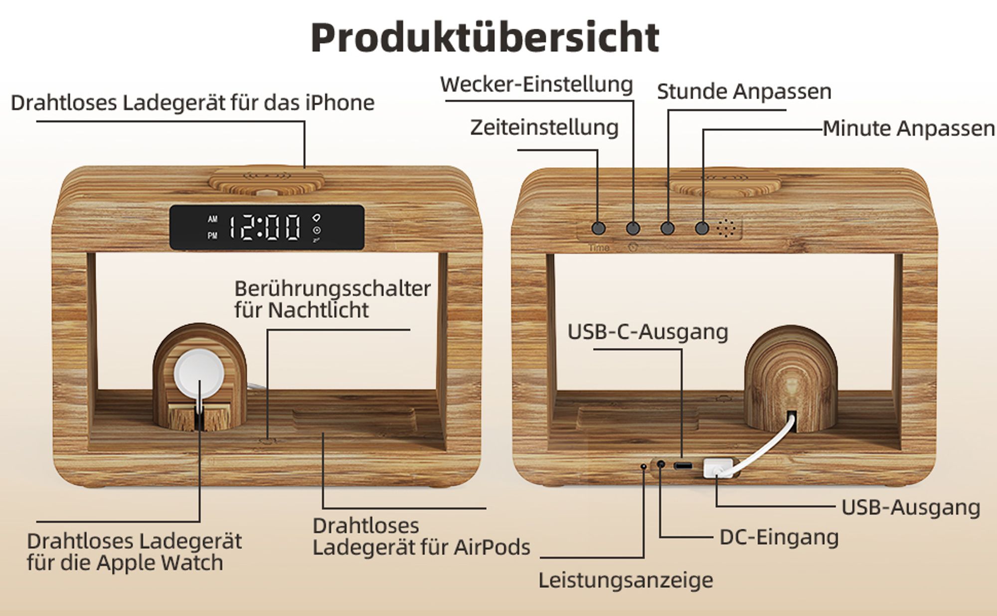 Wireless Ladestation mit Wecker Digital & Nachtlicht,5 in 1 Kabelloses Schnell-Ladegerät mit Adapter und Kabel, für iPhone, AirPods Pro, Apple Watch