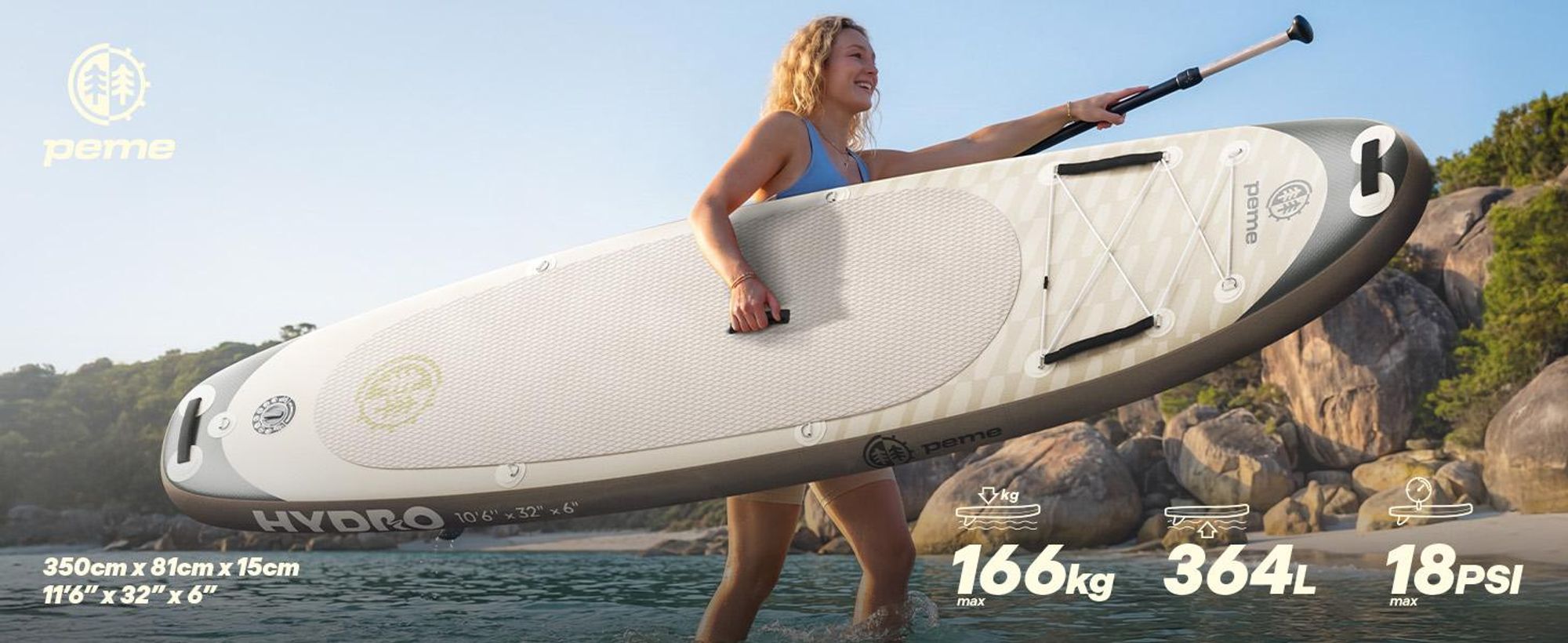 PEME Stand Up Paddle Board - Sand Storm -  350 cm - Dopple Paddel und komplette Zubehöre, SUP, Surfboard aufblasbar- Beige & Schwarz