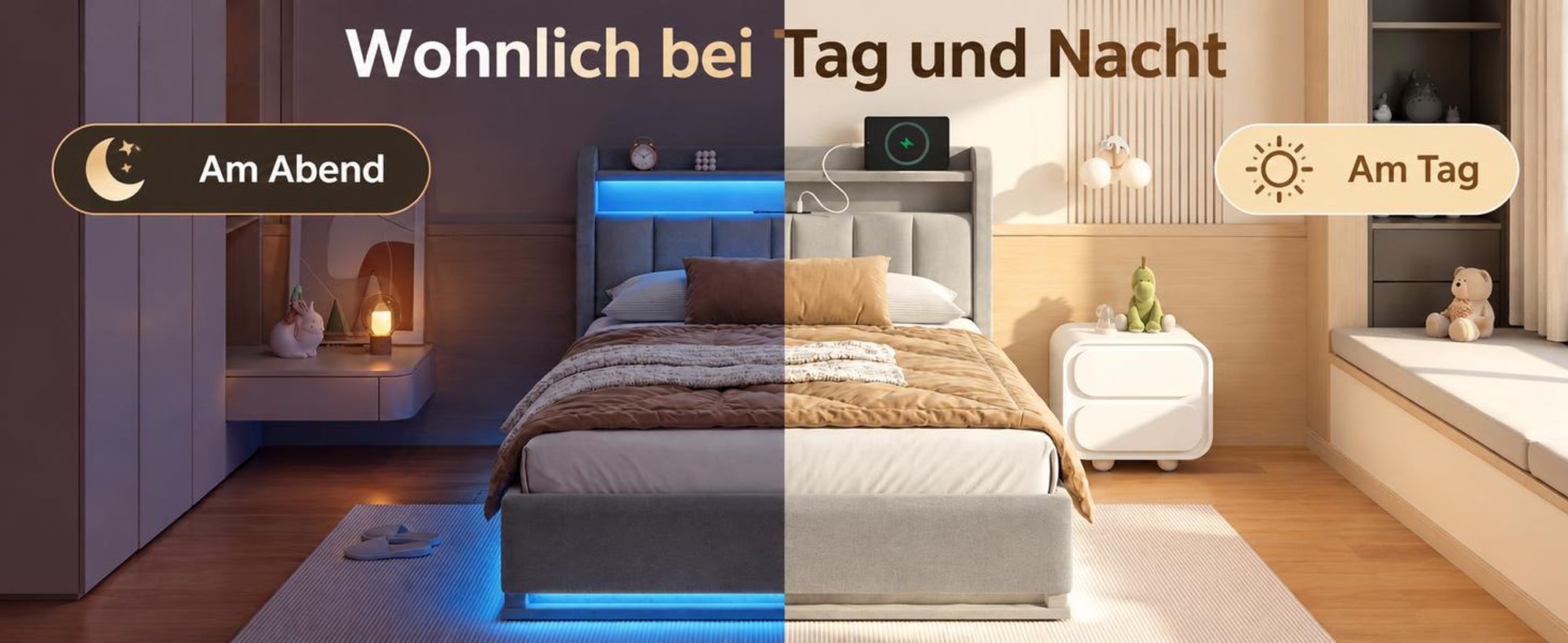 Polsterbett 90x200cm mit Stauraum, Jugendbett 90x200 cm, Bett mit Hydraulik Bettkasten, LED, USB, Kopfteil & Lattenrost, Velours Grau, ohne Matratze