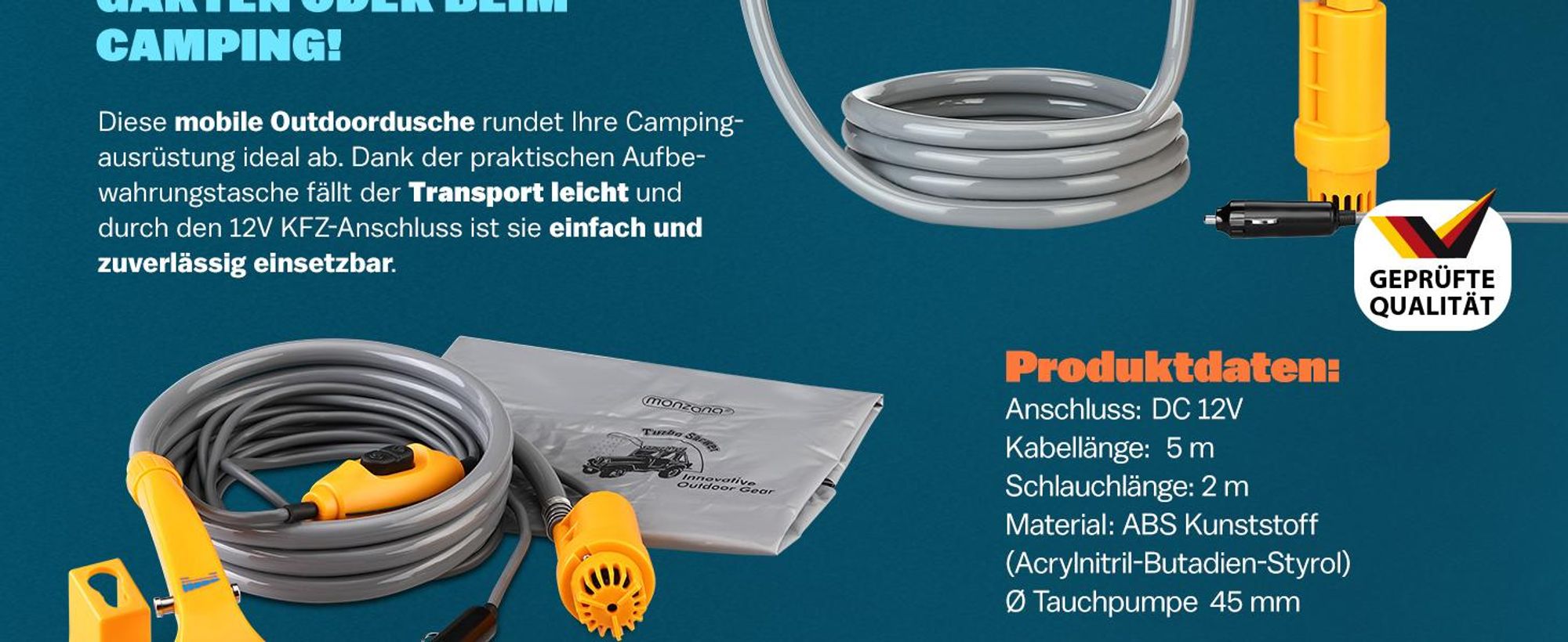 MONZANA® Campingdusche 12V KFZ-Adapter Aufbewahrungstasche 2m Schlauch 5m Stromkabel Handbrause Hundedusche Gartendusche Dusche Tauchpumpe gelb