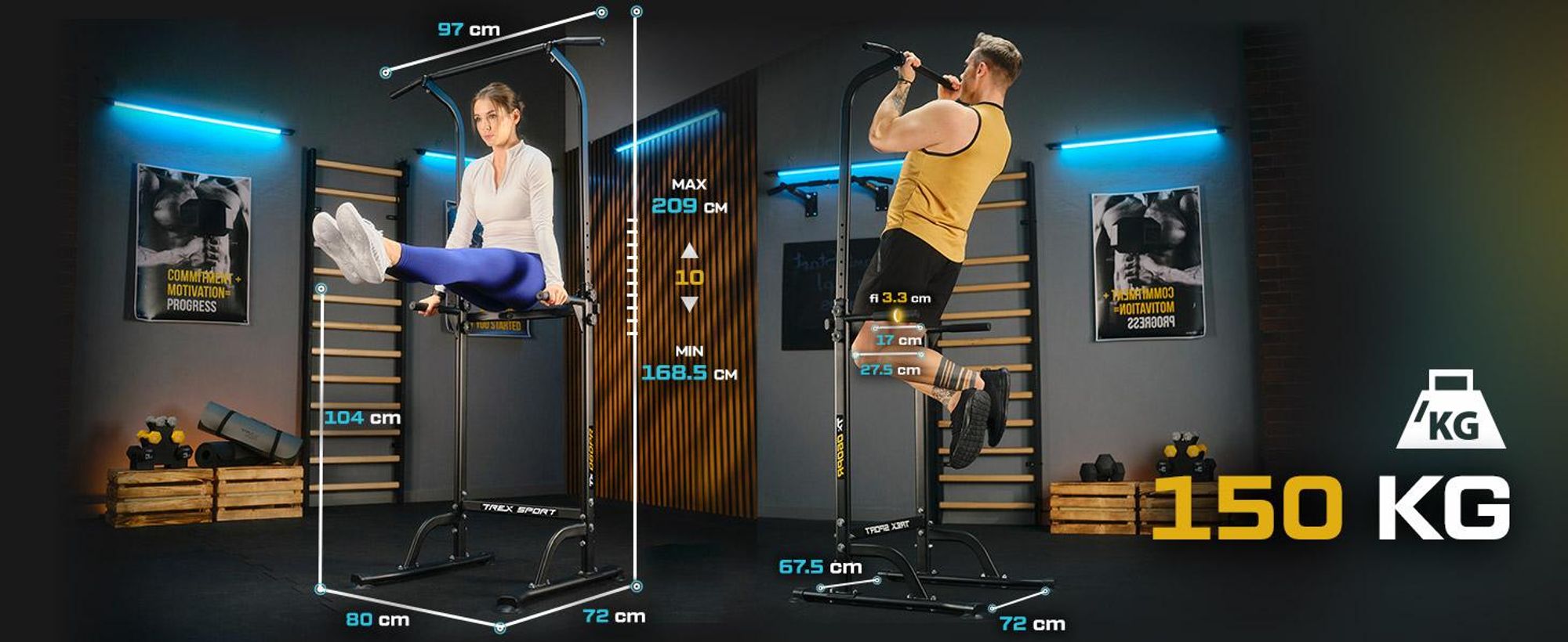 TREX SPORT Power Tower Dip Station & Klimmzugstange freistehend TX-060PR | multifunktionaler Kraftturm für zuhause bis 150 kg