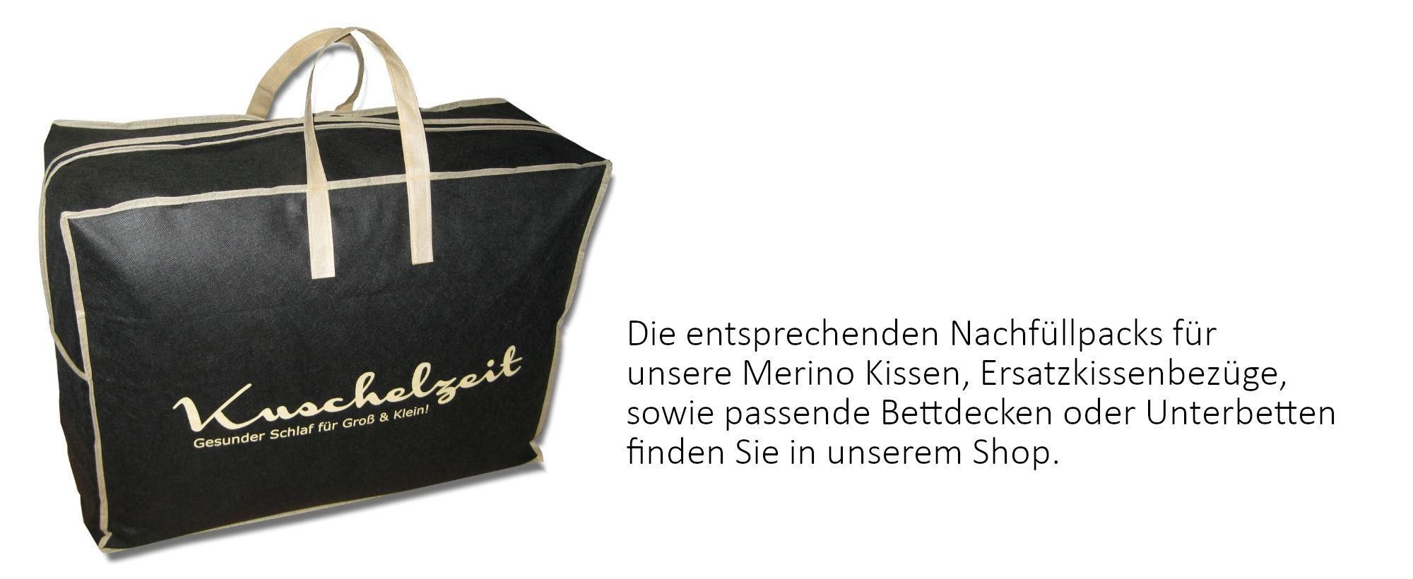 Kuschelzeit Tragetasche mit dem Hinweis auf Nachfüllpacks und Ersatzkissenbezüge.