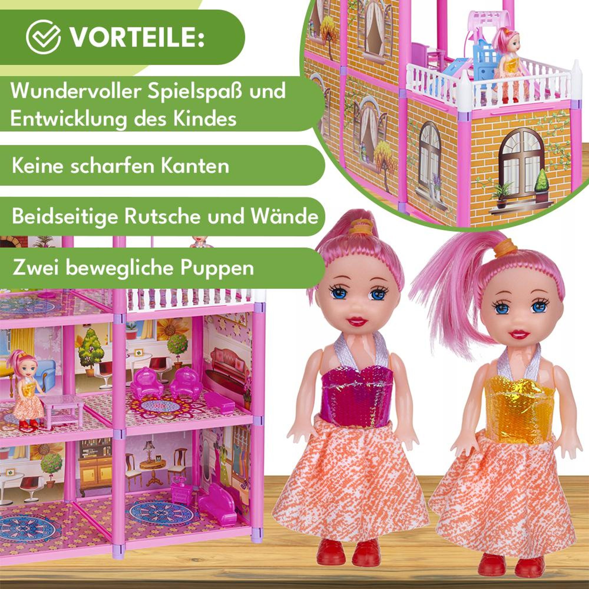 KRUMAD Puppenhaus 3 Etagen 129-teilig mit 2 Puppen, Möbel & Zubehör, Spielhaus mit Rutsche & Terrassen, Spielzeug ab 3 Jahren