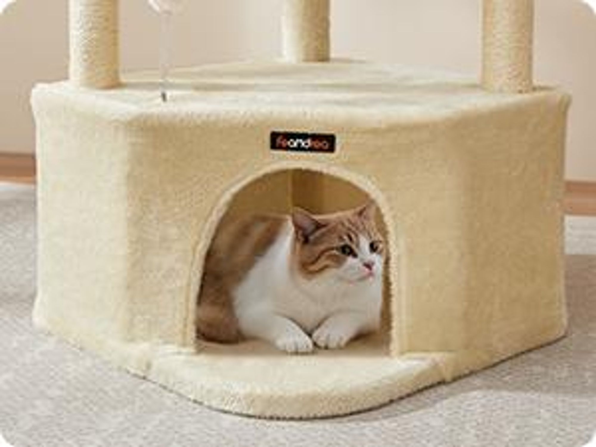 FEANDREA Kratzbaum für Raumecke, Katzenbaum, mit großer Kuschelhöhle, großen Plattformen, mehr Stabilität Sandbeige