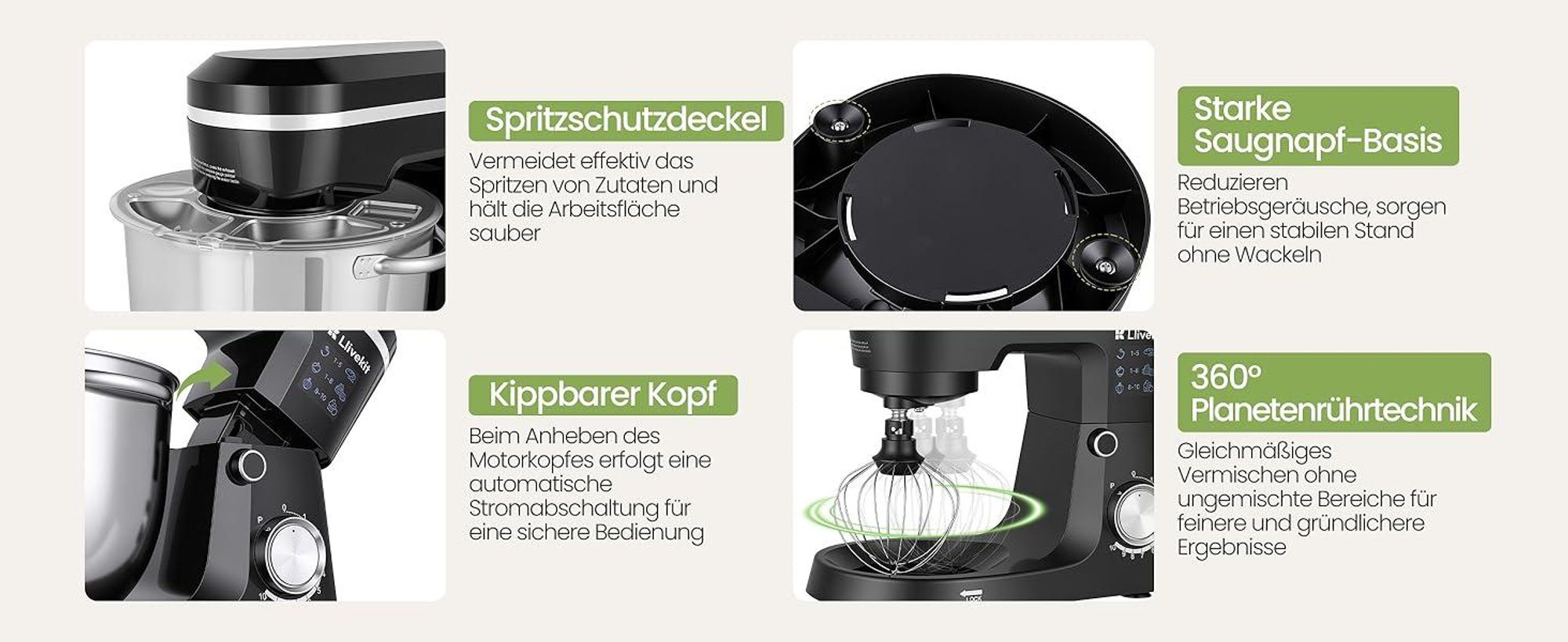 LLIVEKIT 1500W Küchenmaschine, 5,2L Edelstahl-Rührschüssel, Multifunktional Haushalts-Backgerät