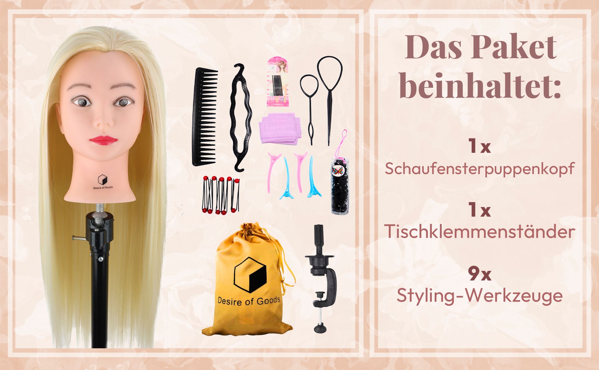 Desire of Goods Übungskopf Friseurkopf Weißblond – Tischklemme & Styling-Zubehör – Frisierkopf – Friseurskopf – 70 cm