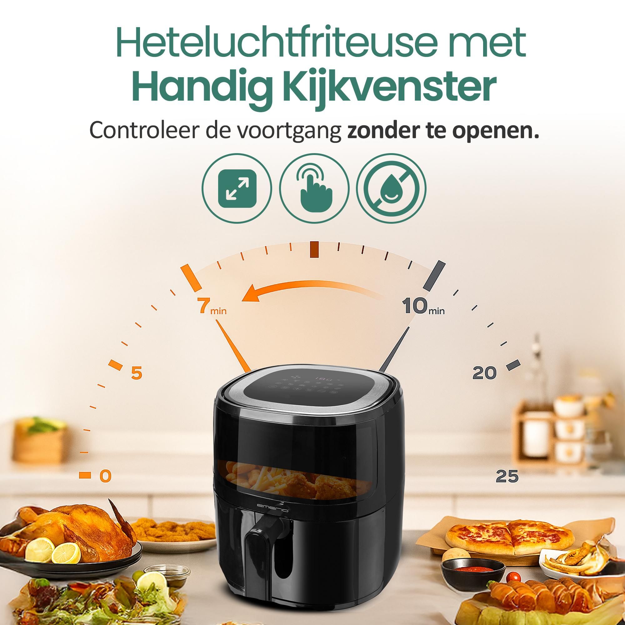 Emerio Airfryer XL AF-129329.3 – 5 L – 12 Kookprogramma’s – 80 tot 200 °C – Digitaal Display – Timer – Kijkvenster – Zwart