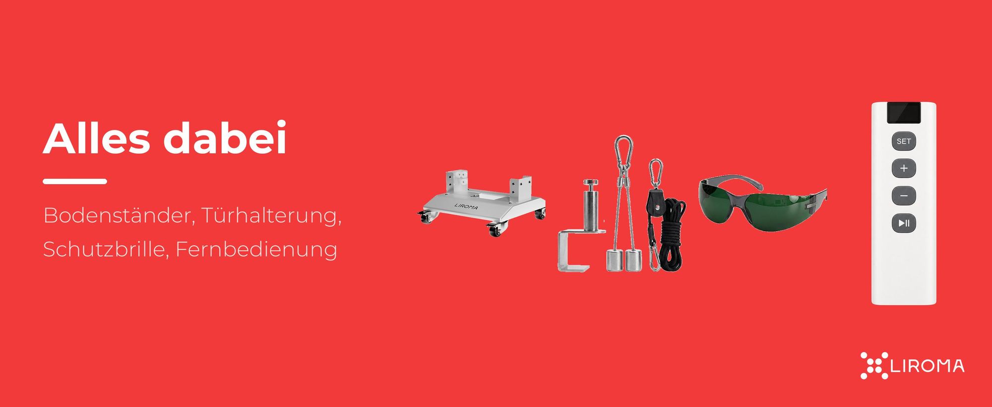 Lieferumfang PrimeFORCE Advanced: Bodenständer mit Rollen, Türhalterung, Schutzbrille, Fernbedienung