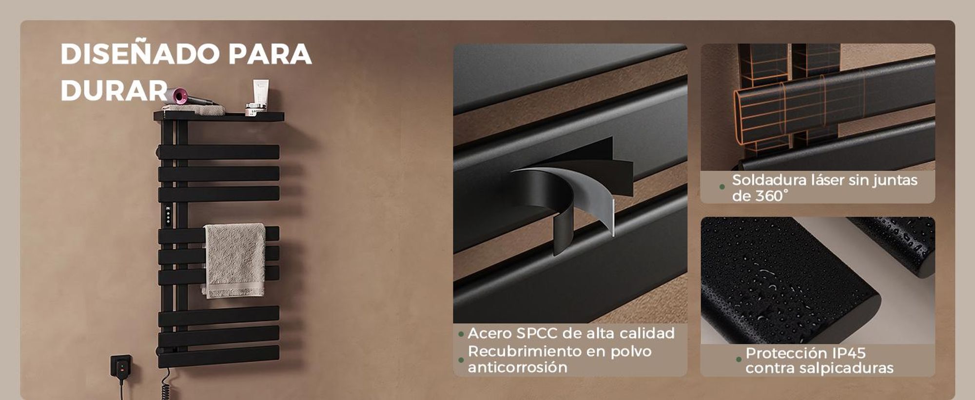S'AFIELINA Scaldasalviette Elettrico con Ripiano 1050×500 mm 335 W Nero,Termoarredo WiFi, Riscaldamento in Fibra di Carbonio, 6 Modalità