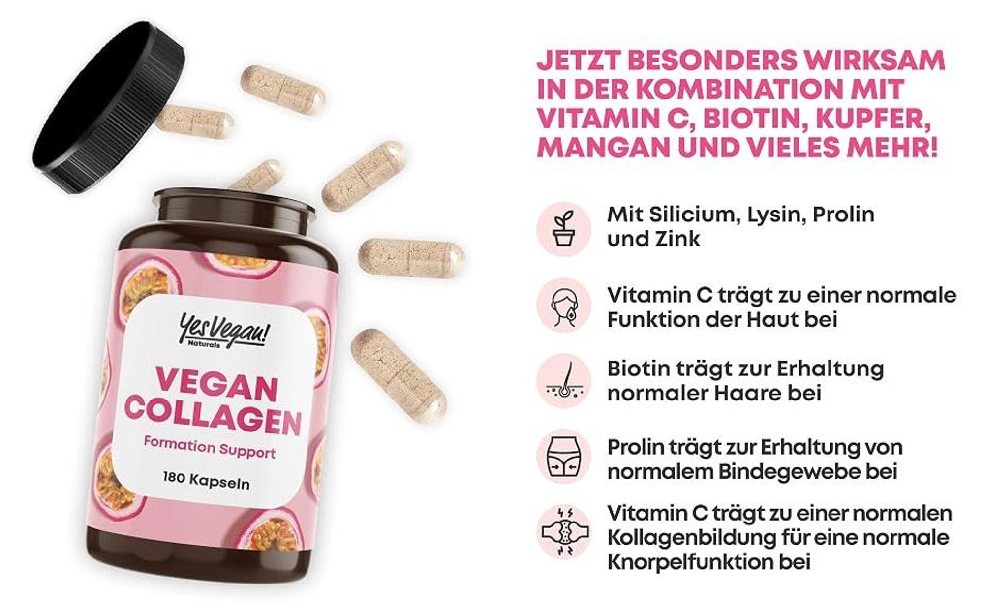 Vegan Collagen (180 Kapseln) mit Aminosäuren, Vitamin A C E, Biotin, Silicium, Zink - Kollagen vegan
