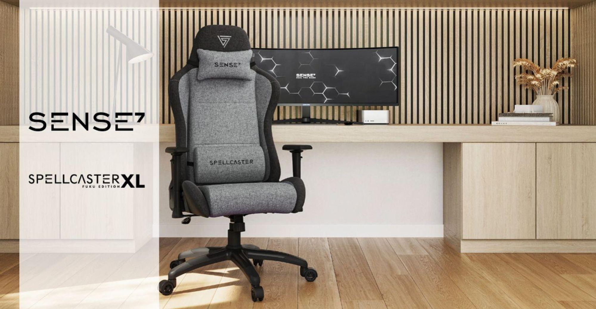 Fotel gamingowy SENSE7 Spellcaster FUKU XL, materiał, szary i czarny – ergonomiczny fotel biurowy, nośność do 160 kg, funkcja kołysania, kółka do twardych podłóg
