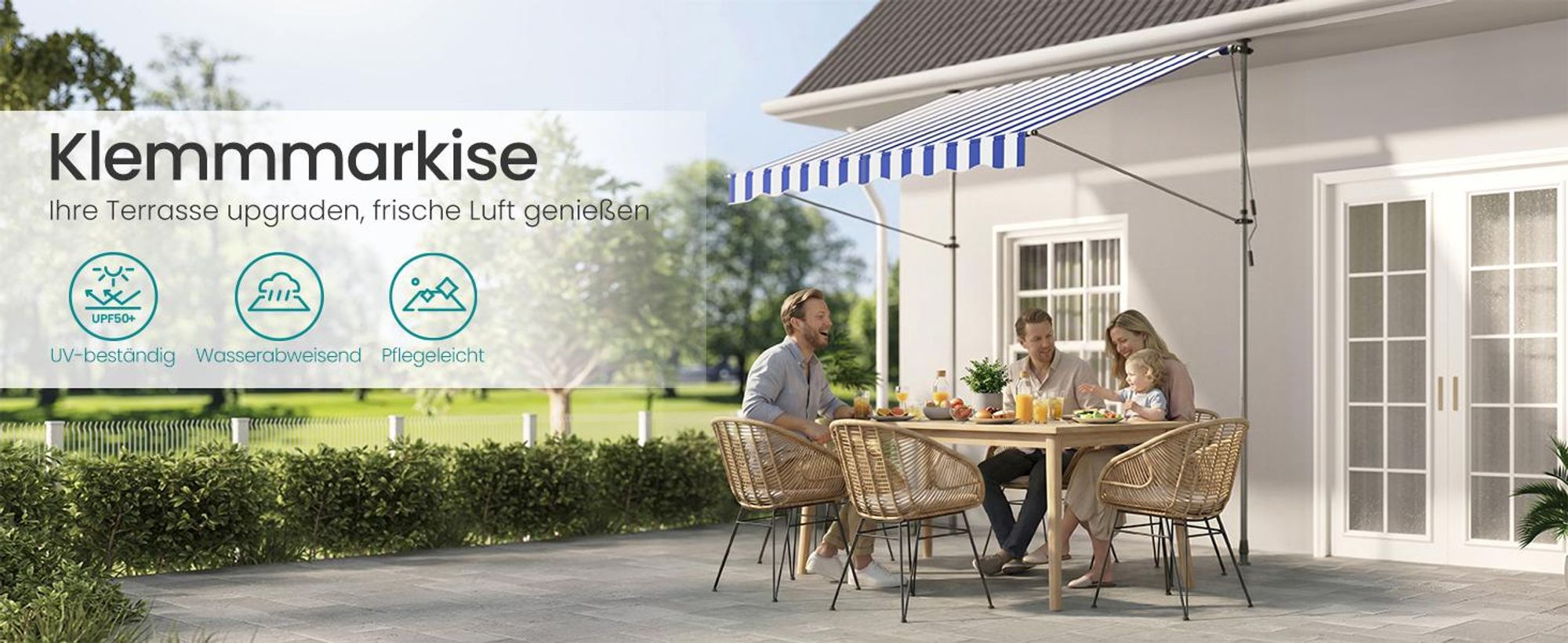 SONGMICS Klemmmarkise höhenverstellbar, Balkonmarkise mit Handkurbel, für Terrasse, Garten, 250 x 120 cm, blau-weiß