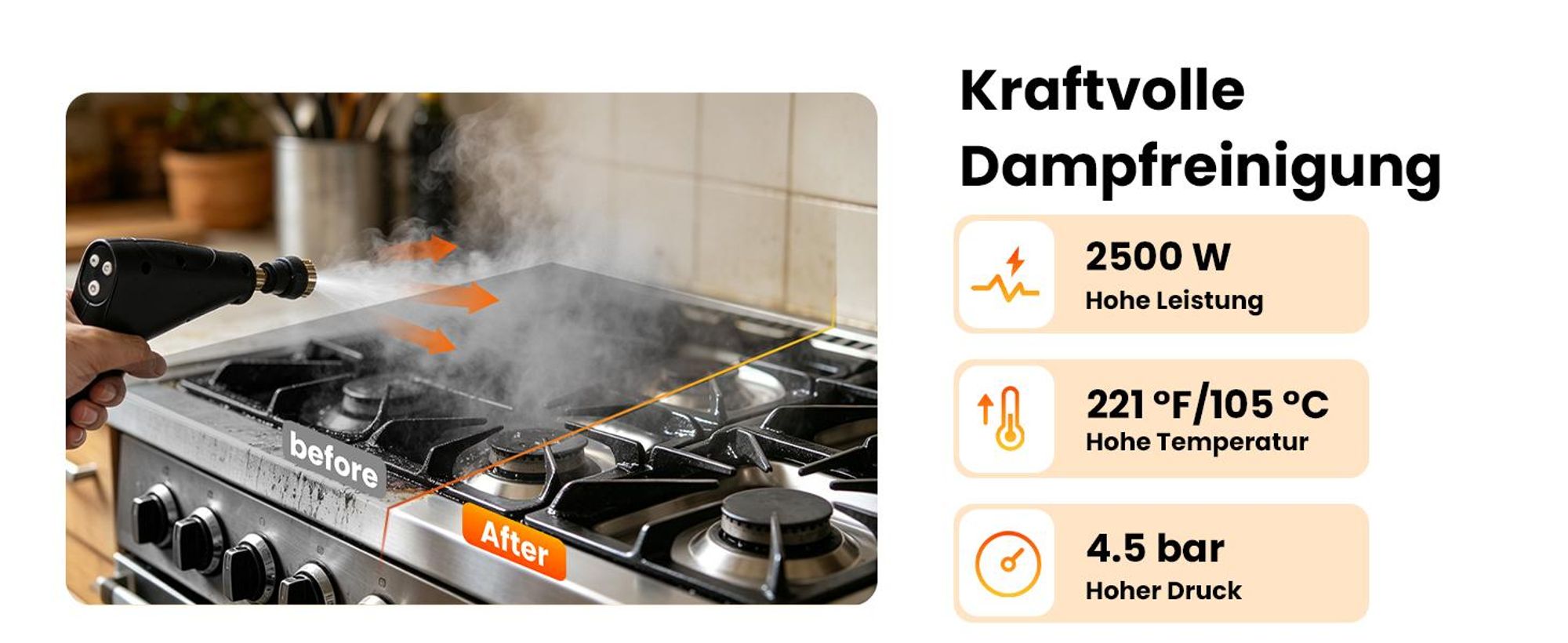 Dampfreiniger, 2500W Tragbarer Handdampfreiniger Hochtemperatur, tragbarer Reiniger, 6 Einstellbare Geschwindigkeiten, für Auto, Küche, Badezimmer