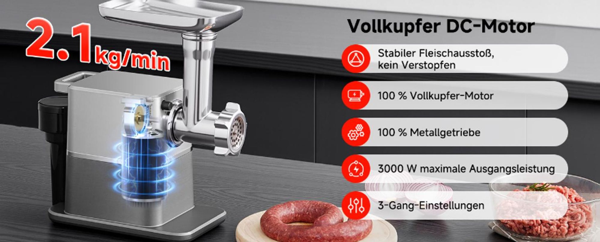 AOBOSI Elektrischer Fleischwolf 3000W Max, Leiser DC-Motor 60dB, 3 Geschwindigkeiten, 3 Edelstahlscheiben, Wurst- & Kibbe-Zubehör