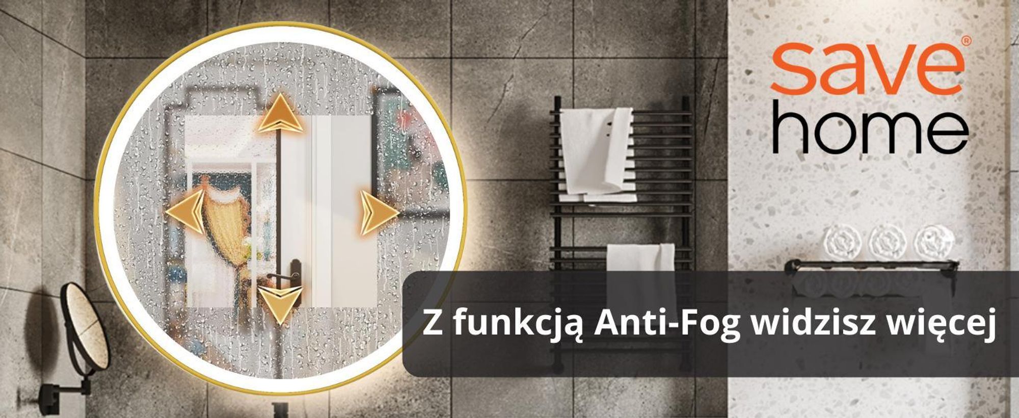 SAVE ®HOME Okrągłe lustro łazienkowe LED - 60 cm - PODŚWIETLANE - RAMA ZŁOTA - 3 BARWY ŚWIATŁA - ŚCIEMNIALNE - BEZ PARY - DOTYKOWE - LUSTRO ŚCIENNE