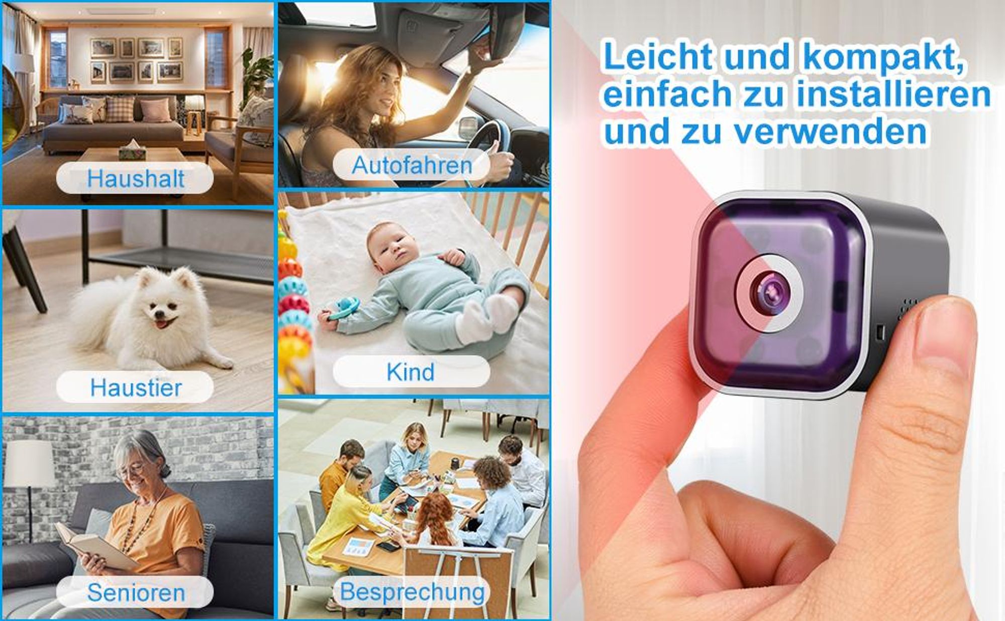 Überwachungskamera, Mini Kamera, 1080P WLAN Kamera, Nachtsicht,Tonausgabe, TF-Speicher/Cloud für Haus, Shop, Haustiere & Abenteuer