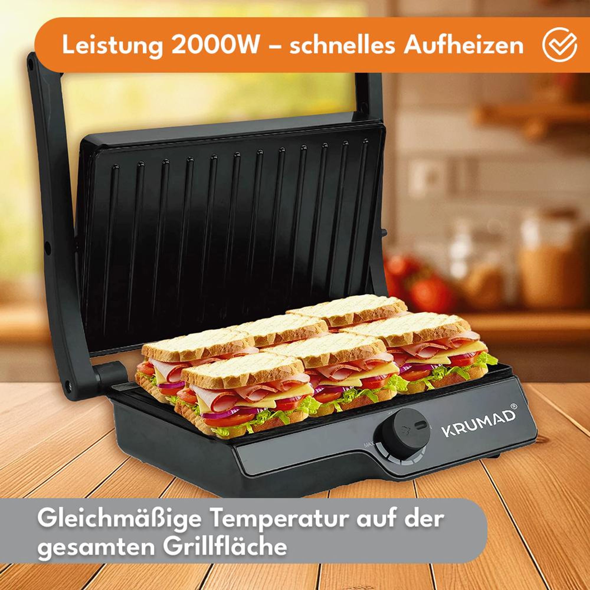 KRUMAD Elektrogrill 2000W - Mini Kontaktgrill für 2 Sandwiches & Paninis - Antihaftbeschichtung, Kompakt, Schnelle Erwärmung, Ideal für Zuhause & Büro