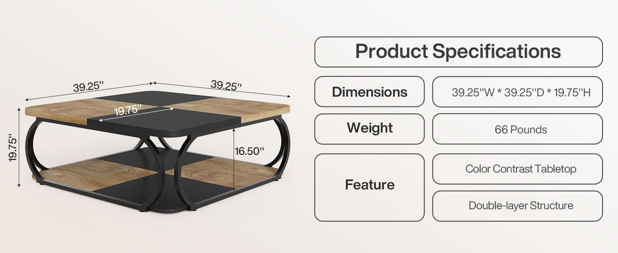 Tribesigns quadratischer Couchtisch,100 cm großer Holztisch, 2-stufiger niedriger Couchtisch Landhausstil mit Metallgestell, Schwarz/Hellbraun