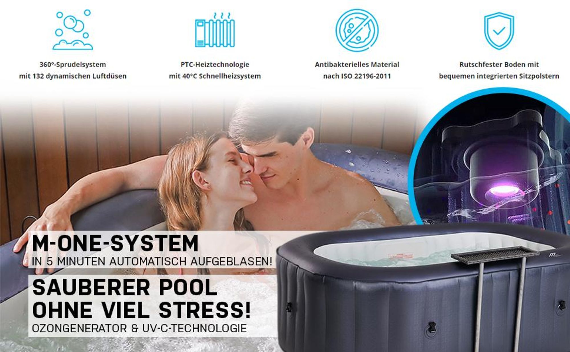 MSpa Whirlpool Urban Nest U-NE021 | Indoor & Outdoor Whirlpool - Aufblasbar - 2 Personen - Massagefunktion - Anti-Frost - Ozon-UV-C-Desinfektion