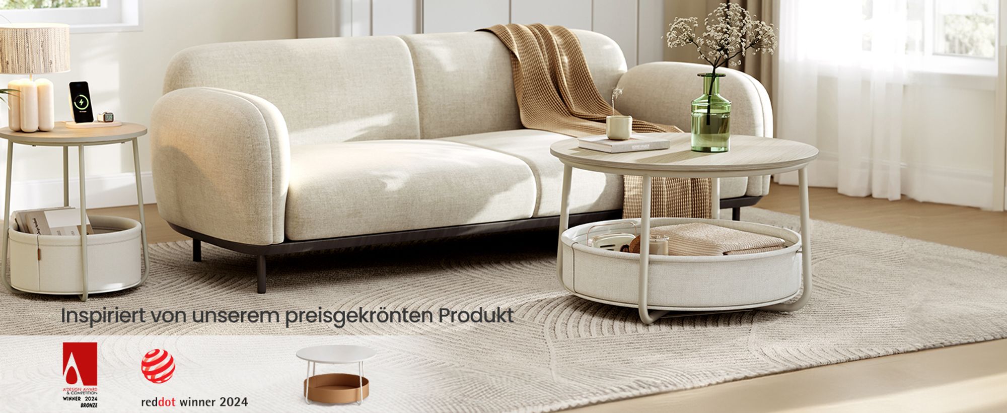 VASAGLE Couchtisch rund, Wohnzimmertisch mit Korb aus Stoff, modern, Mattweiß