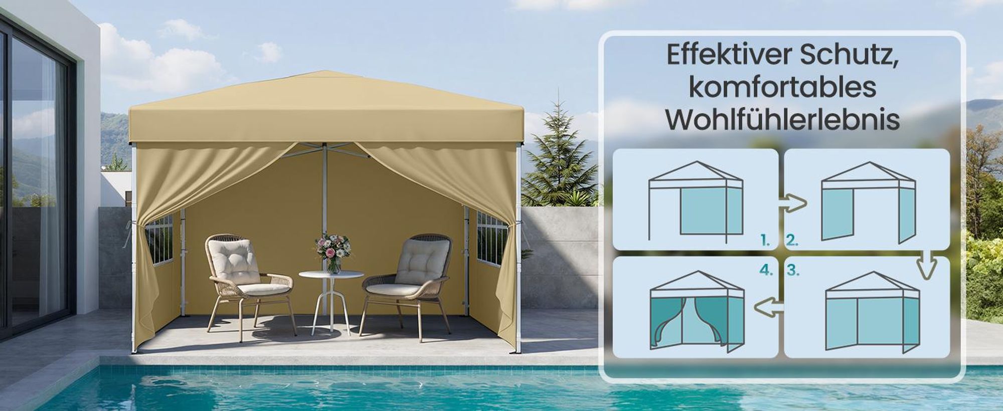 SONGMICS Faltzelt 3 x 3 m, mit Seitenwänden, stabil, tragbar, Pavillon für Garten, Hof, Markt, Sonnenschutz, beige