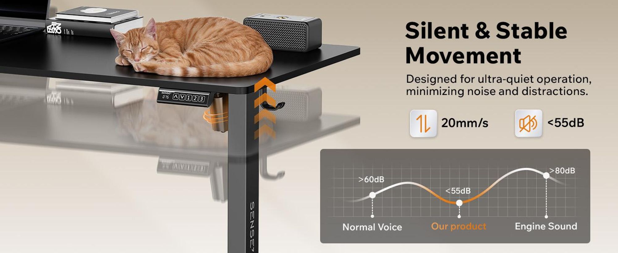 SENSE7 NOJO Light – elektricky výškovo nastaviteľný podstavec k písacímu stolu | 72–118 cm, pamäťová funkcia, držiak na slúchadlá, max. 70 kg, oceľový podstavec