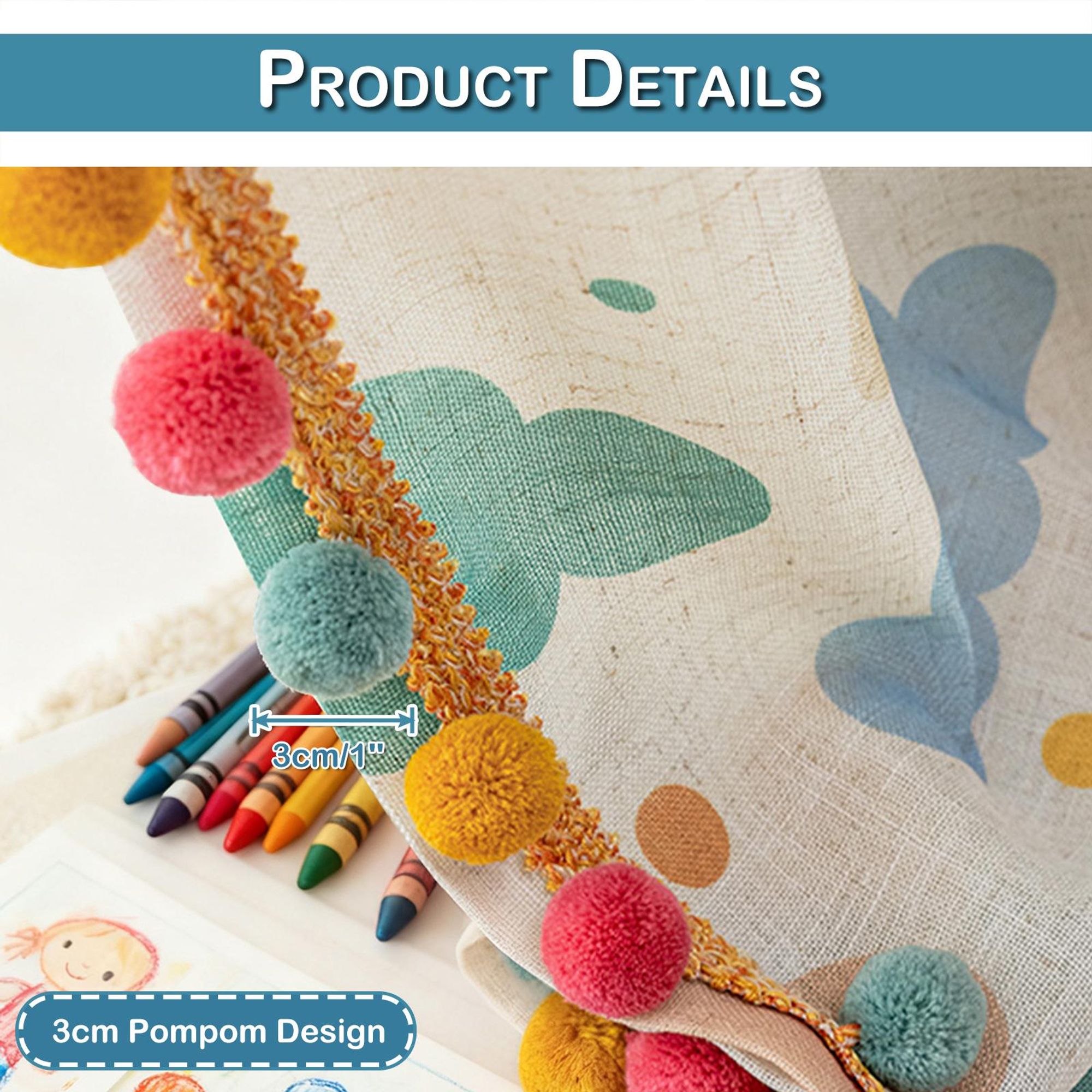 Vorhänge Kinderzimmer 2er Set Kräuselband Bunt Vorhang mit Pompons Leinenoptik 150GSM Sichtschutz Blickdicht Wolken Dekoschal Baby Mädchen 132x215cm