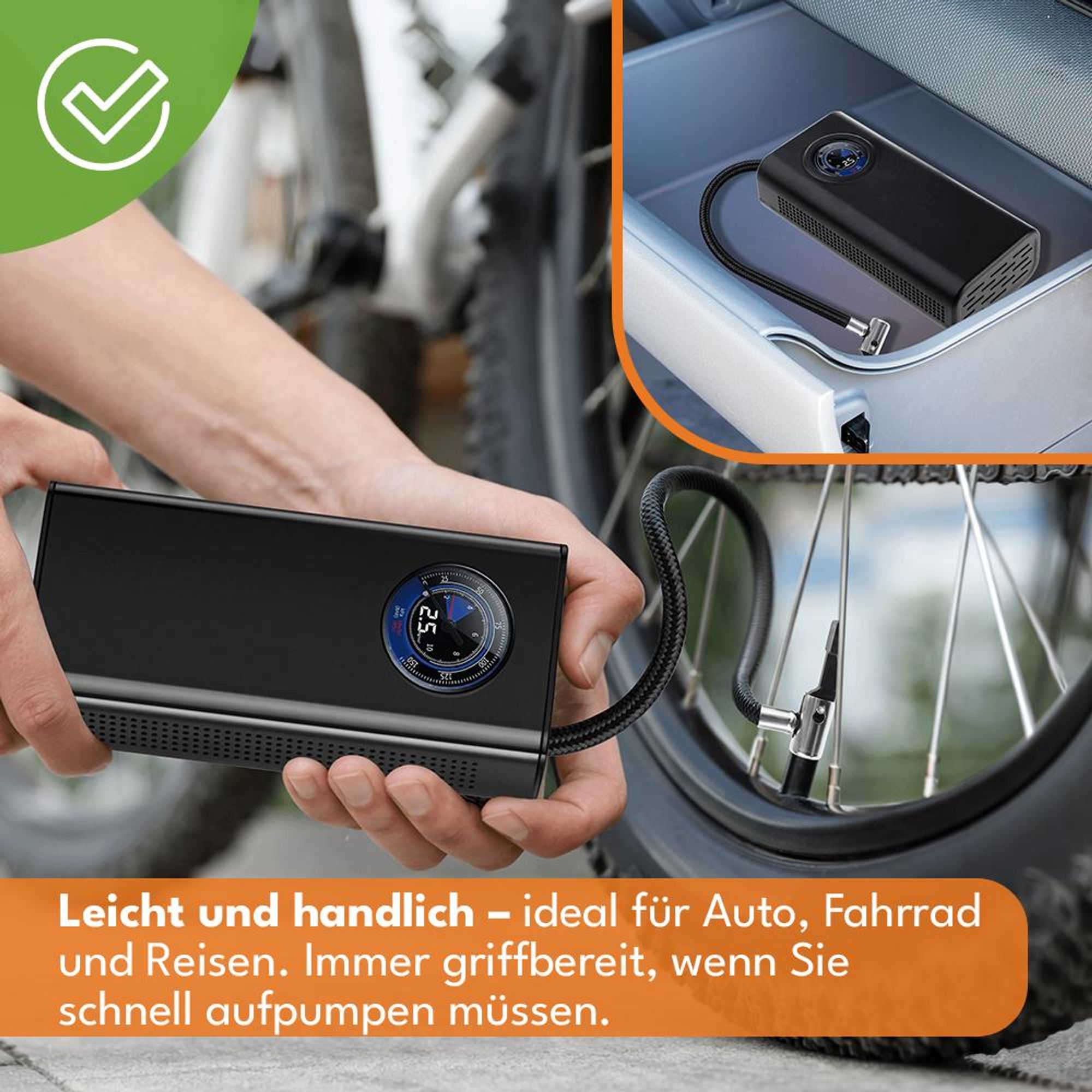 KRUMAD Elektrische Luftpumpe Akku mit Manometer, Mini Kompressor für Auto Fahrrad Motorrad Bälle, USB Reifenpumpe Tragbar