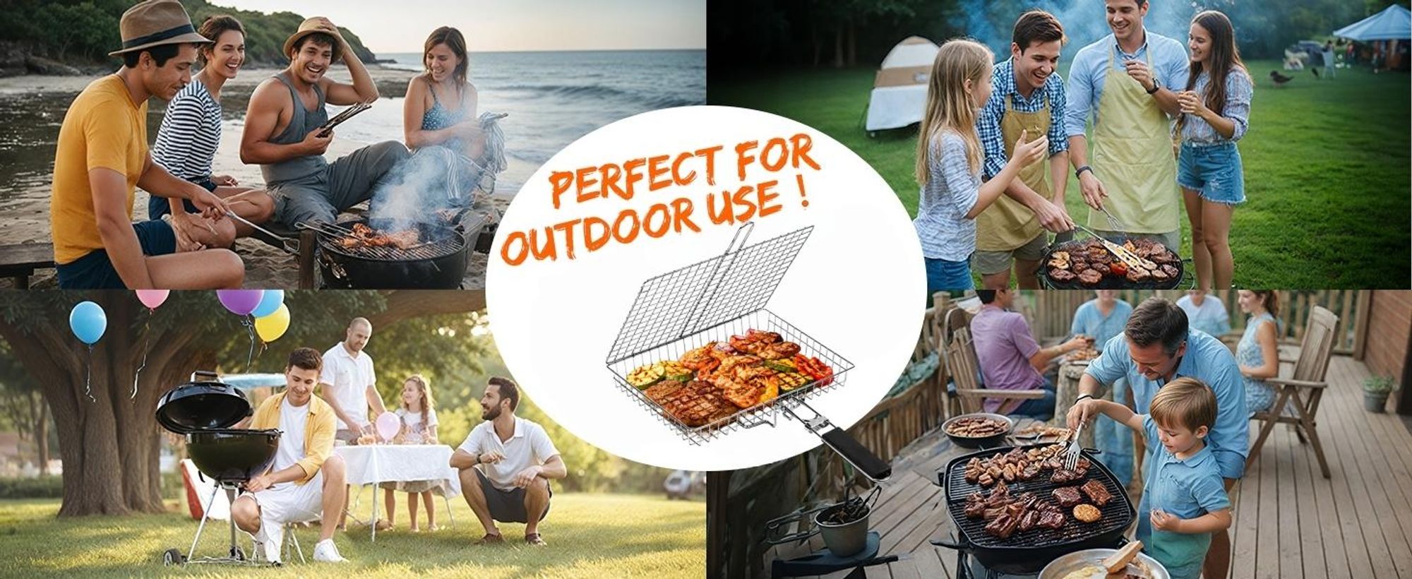 Großer Edelstahl Grillguthalter Grillkorb Faltbar Tragbark mit Silikonpinsel und Grillzange,Miscellaneous barbecue accessories,Campingausrüstung&BBQ