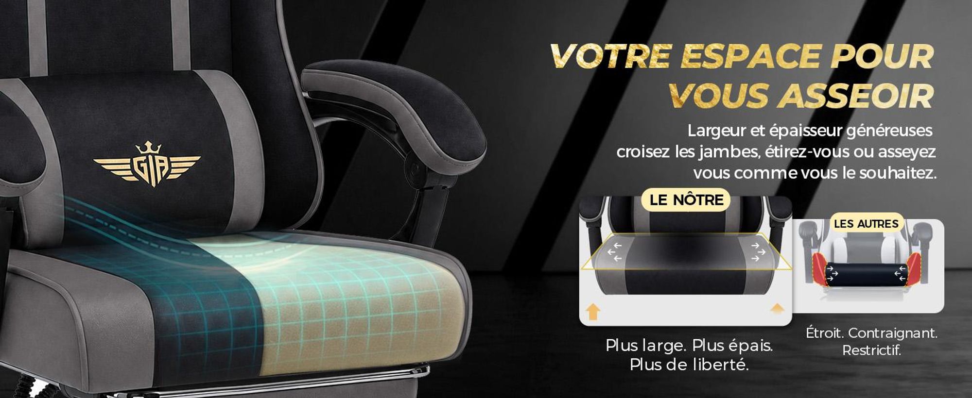 Chaise de gaming GTPLAYER, ergonomique, avec revêtement en tissu, coussin de siège à ressort, accoudoirs réglables et repose-pieds, capacité de poids de 150 kg, couleur : gris