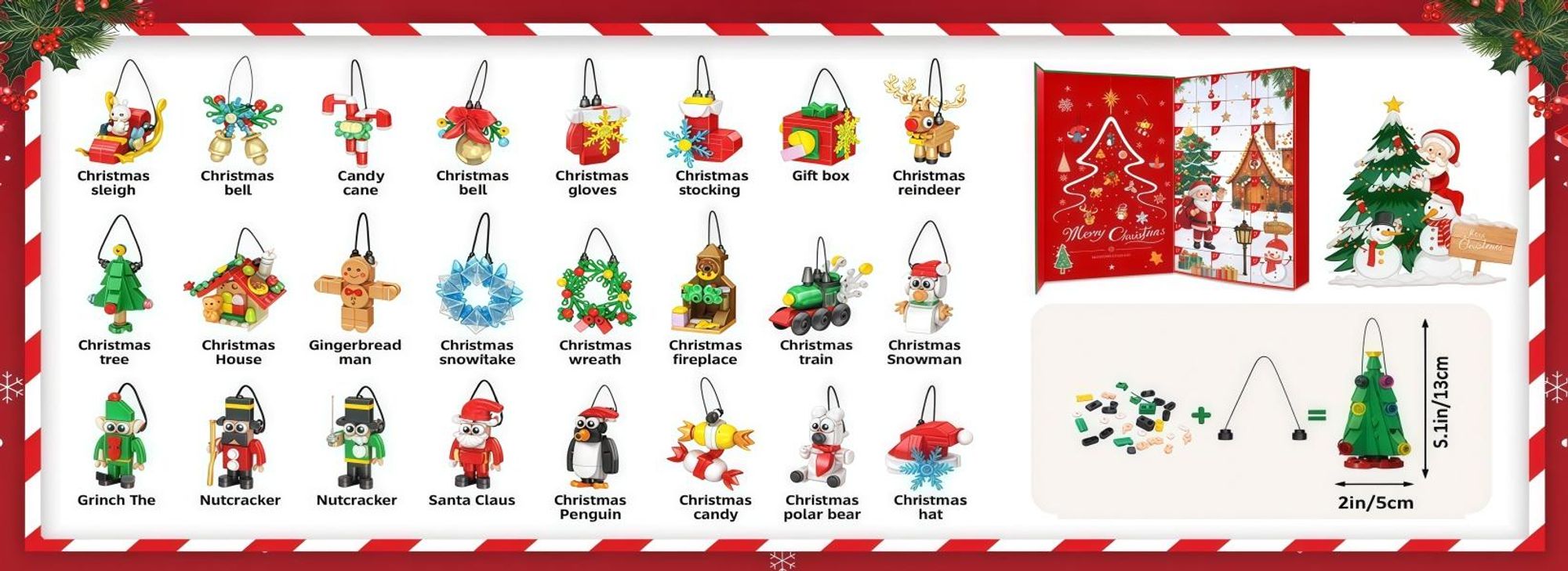 Adventskalender 2026 zum Bauen, 24 Tage Countdown, Weihnachtsbaumschmuck, Bausteine-Set, MINT-Spielzeug, 24 Baustein-Anhänger,700 Teile,Weihnachtsdeko