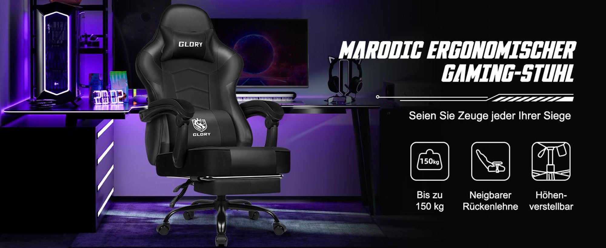 Aiibot Gaming Stuhl Bürostuhl Schreibtischstuhl Ergonomischer Gaming Sessel mit Fußstütze und Lordosenstütze, Wippfunktion90°-170°, Schwarz