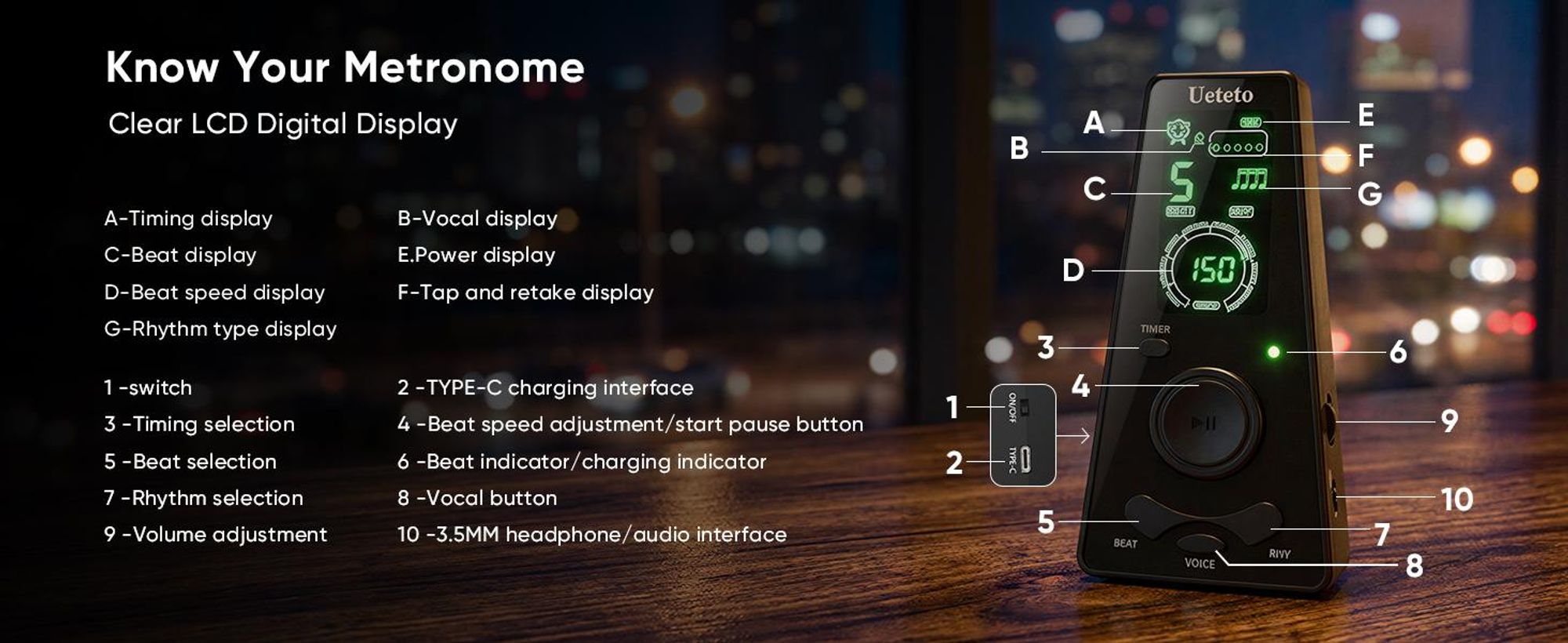 Digitales Metronom, Elektronisches Metronom mit Timer, Lautstärkeregler und Temporegler, Vocal Voice Beats, für Klavier, Geige, Gitarre, Ukulele