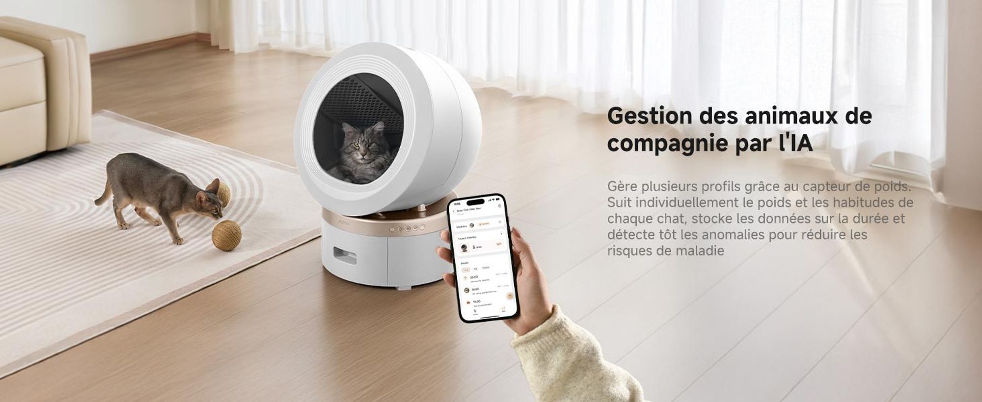 MOVA LR10 Prime Bac à litière automatique blanc, 110 L d’espace intérieur, jusqu’à 15 jours de nettoyage autonome, double système anti-odeurs, 12 disp