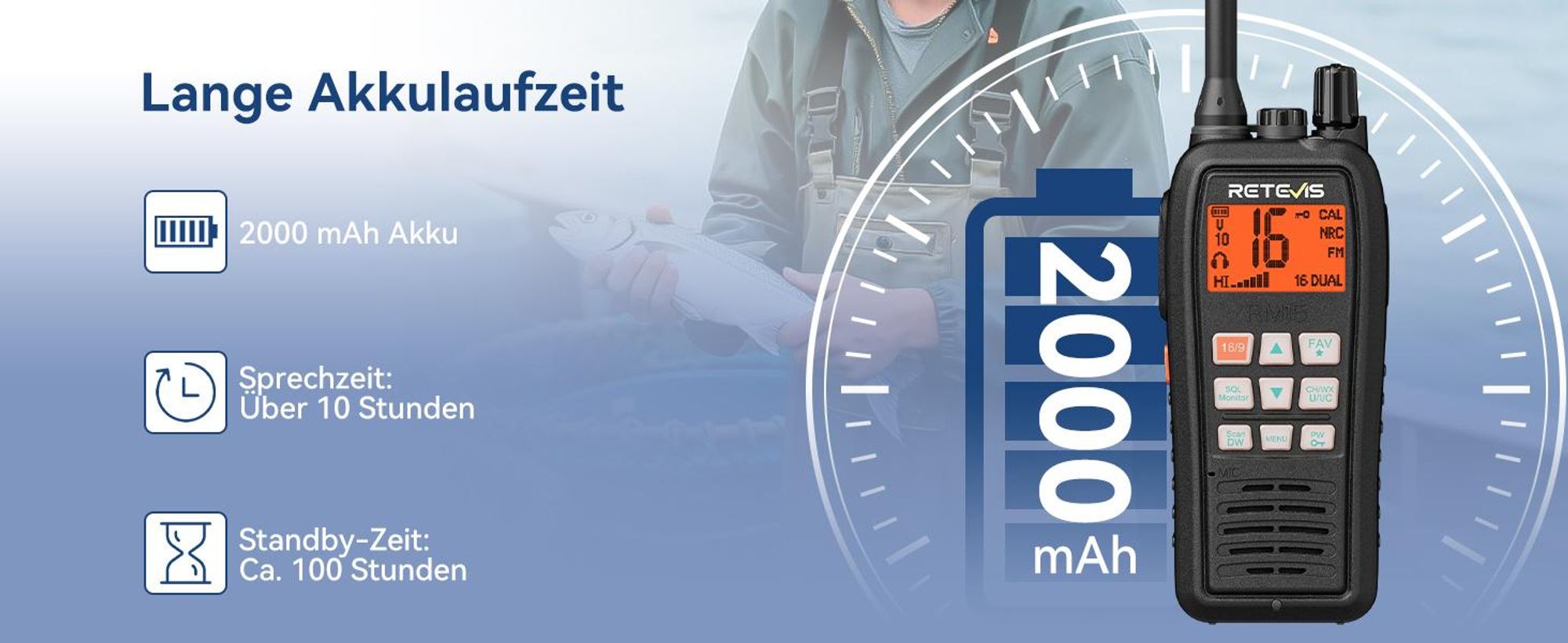 Retevis RM15 Seefunkgerät, Marine Walkie Talkie IP68, 2000 mAh Akku, Schwimmend, Vibration, 88 Kanäle, Handfunkgerät mit Lautsprecher für Bootfahren