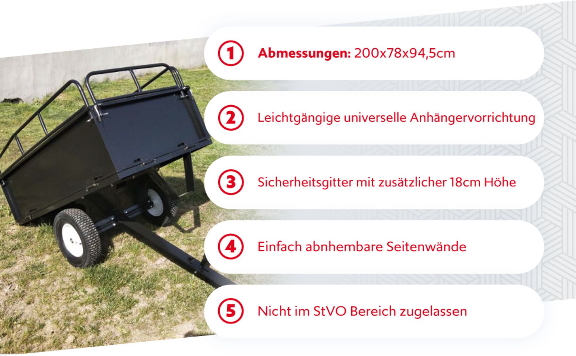 Wiltec Kippanhänger 200 x 78 x 94,5 cm bis 300 kg, Anhänger Kipper für Rasentraktor mit Gitter u. abnehmbaren Seitenwänden, Anhänger mit Kippfunktion